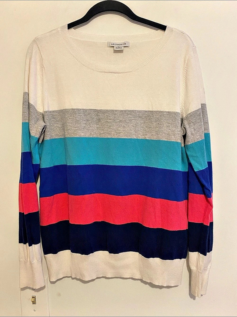 Liz Claiborne Striped Crew Neck Sweater in White & Blue XL